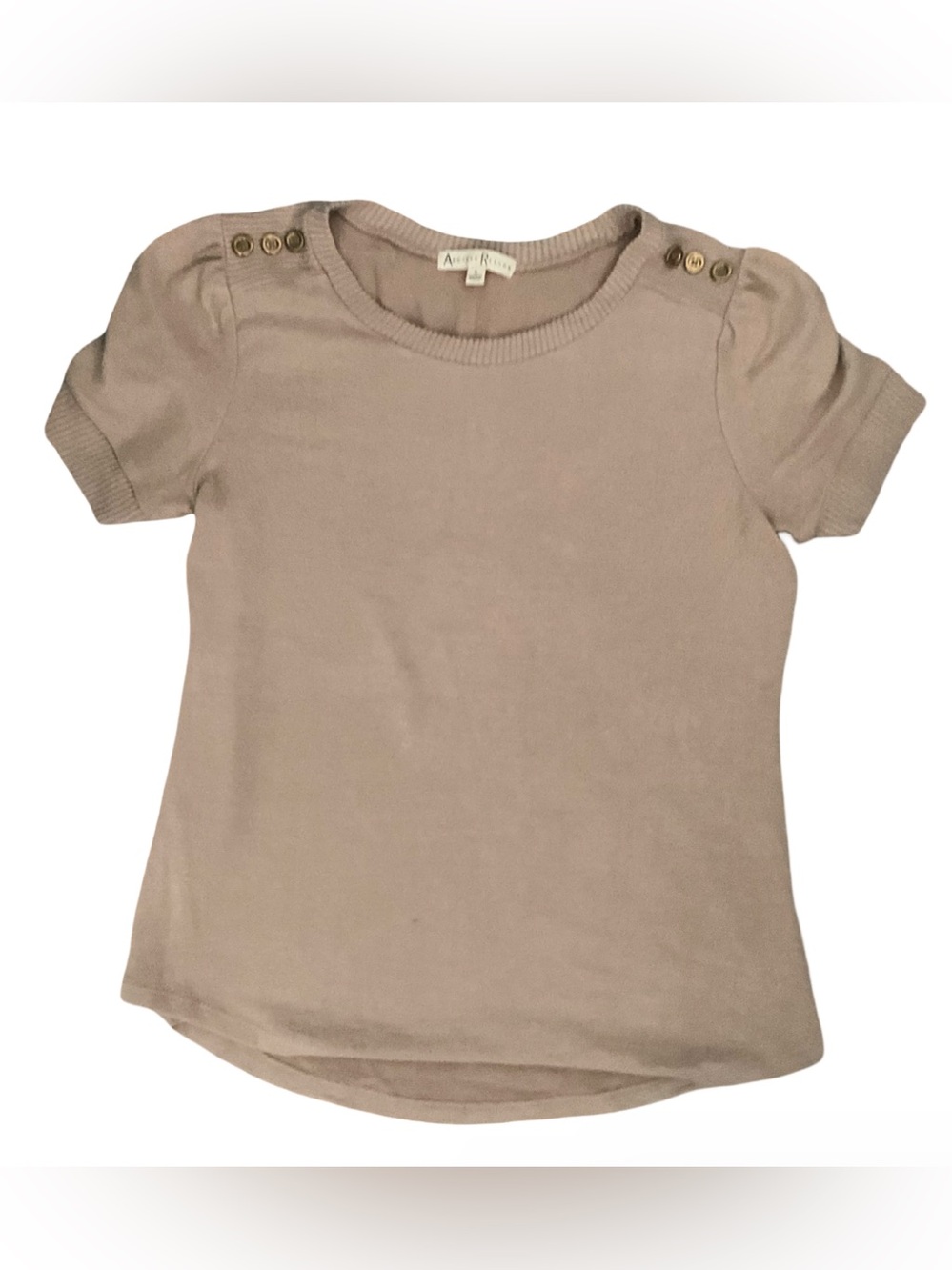 Another Reason Taupe Puff Sleeve Knit Top Button Shoulder Short Sleeve Size S